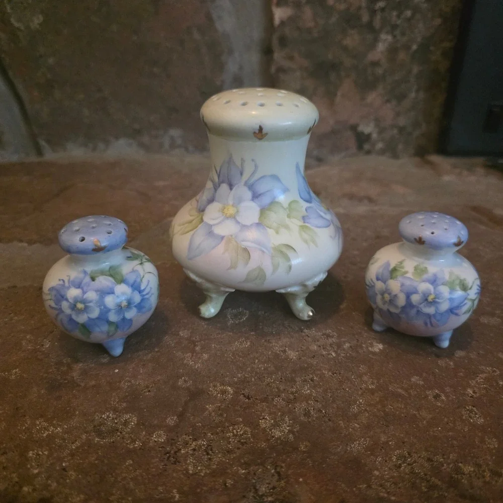 Vintage Hand Painted Japan Porcelain Sugar, Salt, Pepper Shakers Blue Floral